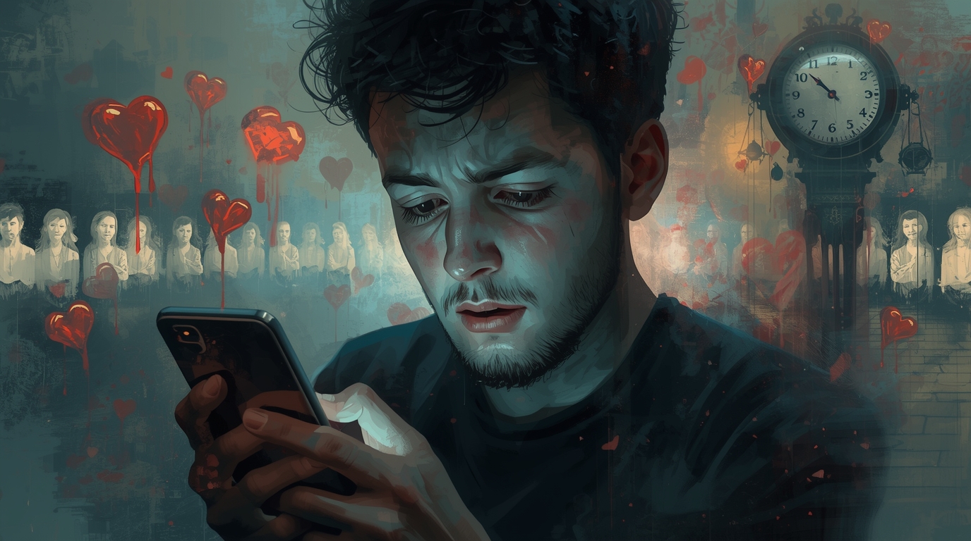 کاربر در حال سوایپ کردن روی اپلیکیشن دوستیابی با چهره خسته